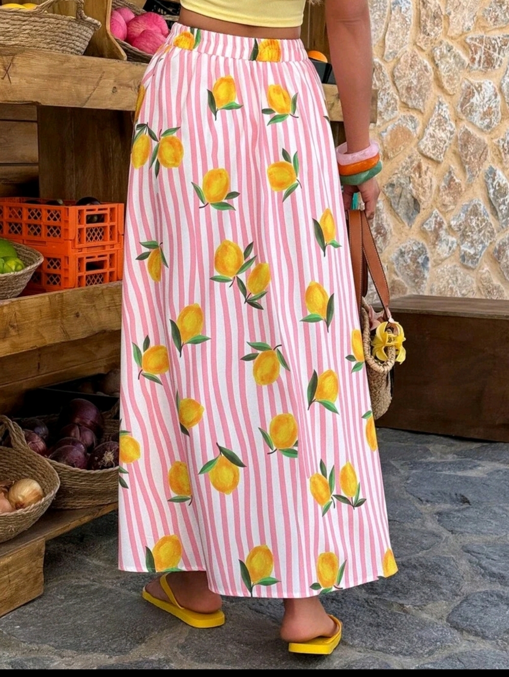 Women’s Pink Striped Lemon Print Maxi Skirt - Picture 2 of 5